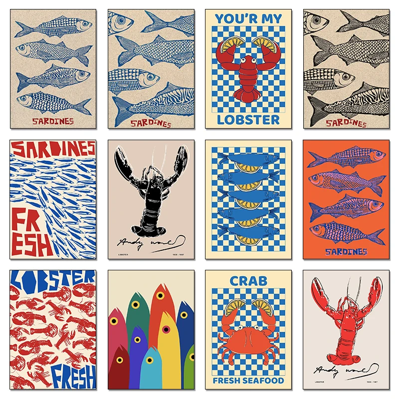 Resin Art Kitchen - カラフルなイワシロブスター蟹魚海洋動物ポスターダイヤモンド絵画ヴィンテージウォールアートキッチンリビングルーム家の装飾用