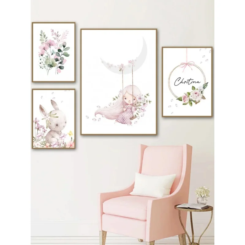 Resin Art On Wall - 北欧風漫画美学ウォールアート ピンクの女の子 ウサギ 花 名前入りカスタム保育園HDオイルオンダイヤモンドポスター ホーム寝室装飾ギフト