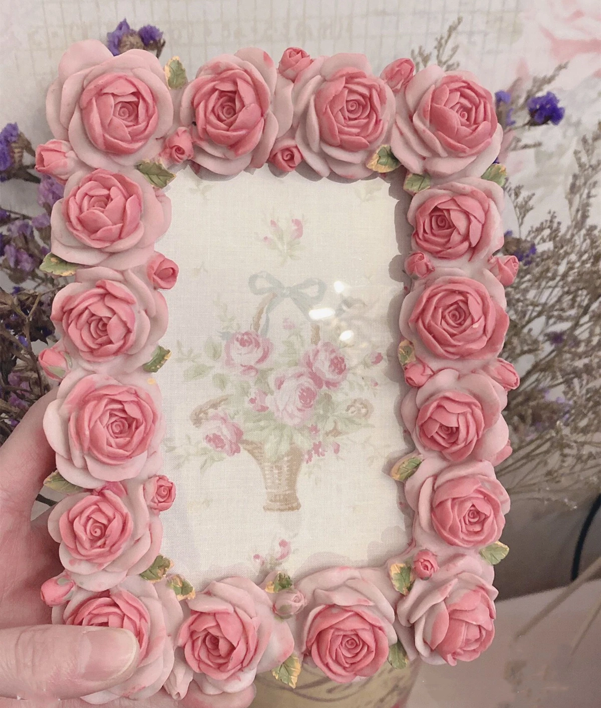 Resin Art Photo Frame - ピンクのバラの長方形のレースの装飾,エッジテーブル,暖かい樹脂,アートフレーム