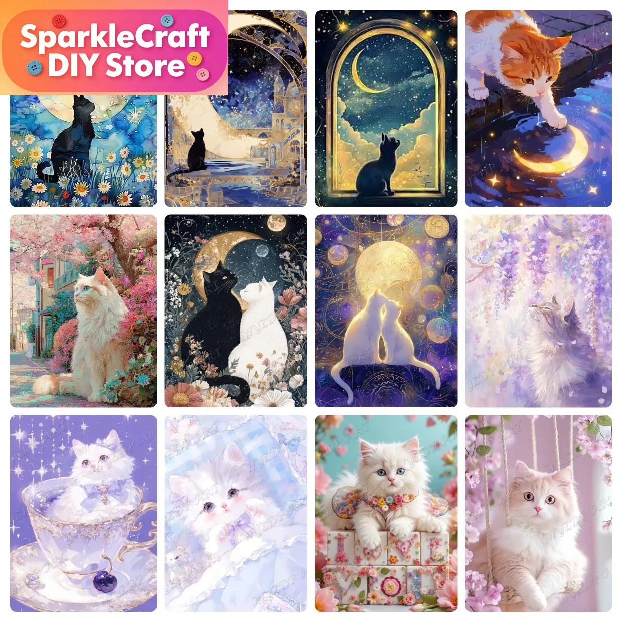 Resin Art Set - 動物猫月ダイヤモンド塗装キット 5D DIY モザイクダイヤモンド刺繍手作りアート絶妙なギフト家の装飾