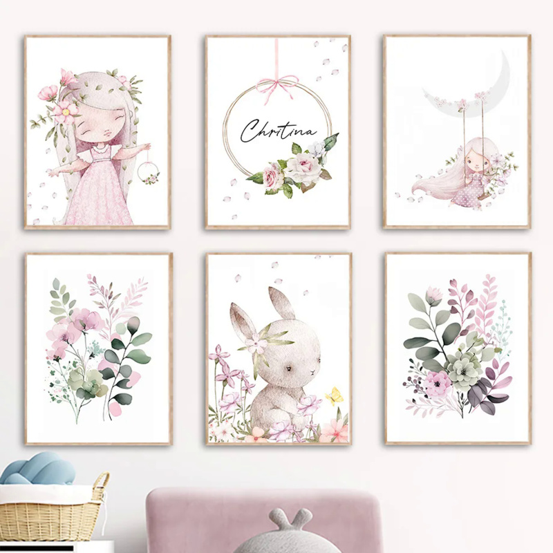 Resin Art On Wall - 2026年北欧風漫画美学ウォールアートピンクの女の子ウサギの花名入りカスタム保育園HDオイルオンダイヤモンドポスターホーム寝室デコレーション