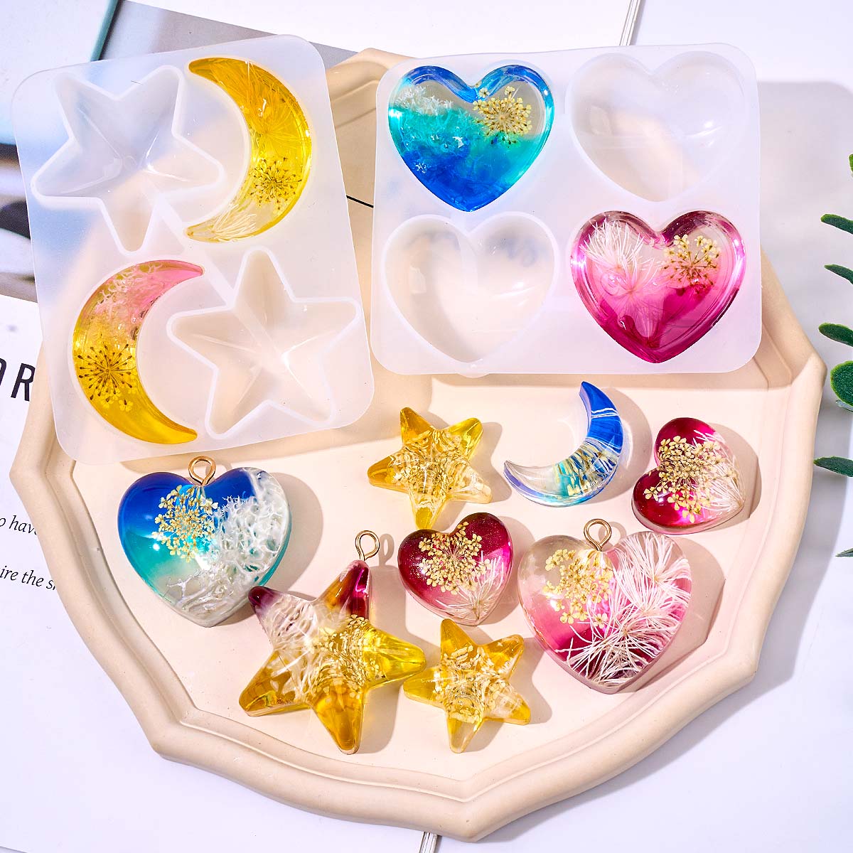 Resin Art Kit With Molds - ハートスタームーンペンダントシリコンモールド DIY エポキシ樹脂ジュエリー鋳造金型ネックレスモールドキーホルダー工芸品作成用品