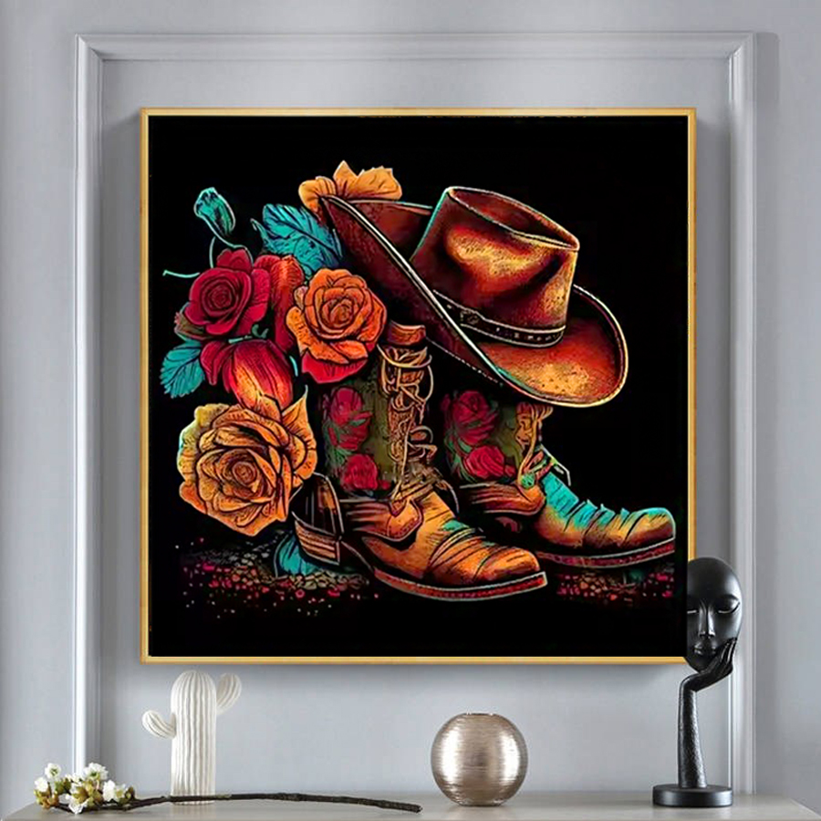 Resin Art With Rose - カウボーイハットブーツダイヤモンド塗装キット家の装飾フル平方ラウンド刺繍モザイクローズ風景手芸壁の装飾アート