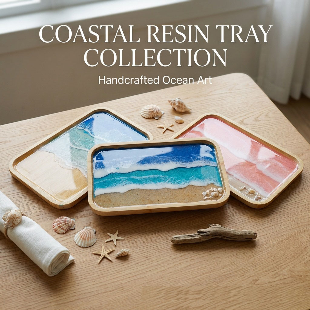 Resin Art Kitchen - エポキシ樹脂オーシャンアート装飾トレイ、コーヒー、ダイニングテーブル、カウンタートップ用、木製サービングトレイ、キッチン、ホーム、リビングルームの装飾に