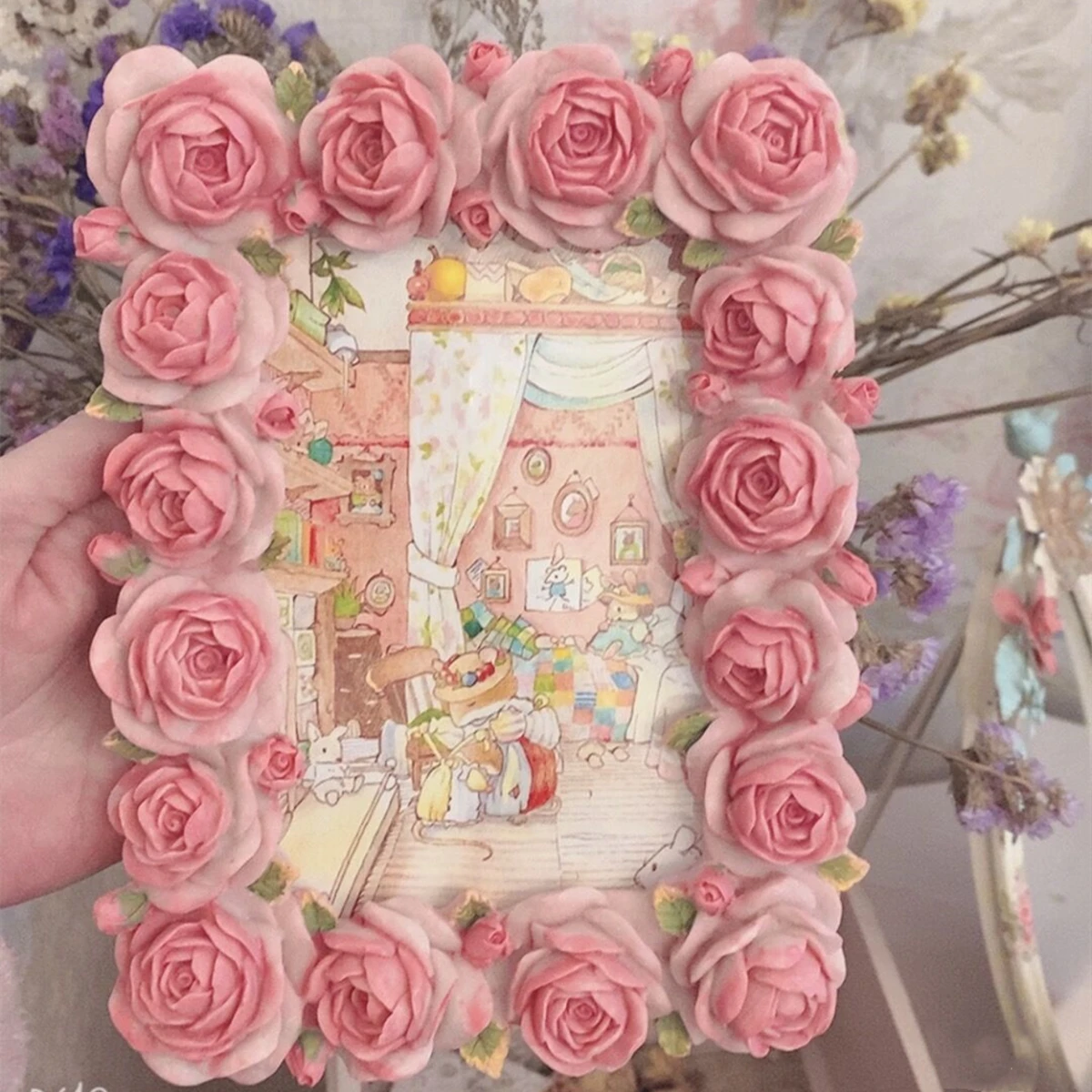 ピンクのバラの長方形のレースの装飾,エッジテーブル,暖かい樹 - Resin Art Photo Frame のレビューと価格