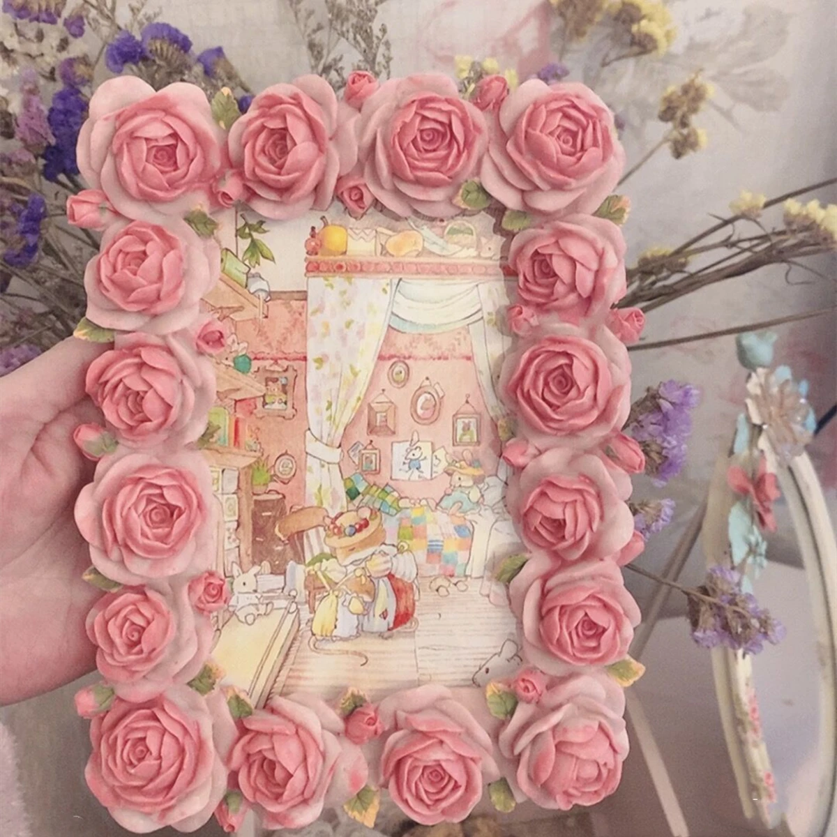 ピンクのバラの長方形のレースの装飾,エッジテーブル,暖かい樹 - Resin Art Photo Frame のレビューと価格